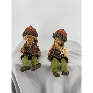 Harvest Kids Fall Acorn Shelf Sitter Figurines Set of 2 Pinecone Autumn Decor